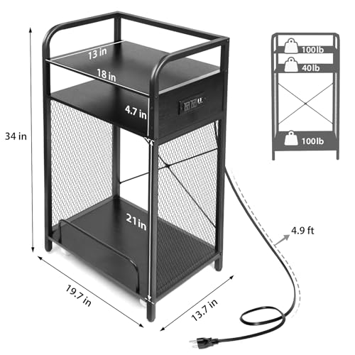 3-Tier Printer and Shredder Stand with Pull Out Shelf, 20" L x 14" W x 34" H Floor-Standing Printer Shredder Stand with Power Outlet, Printer Stand with Shredder Storage, Office Storage Rack