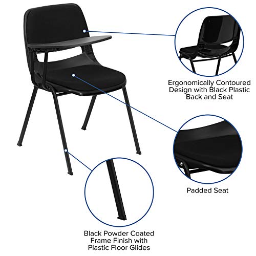 Classroom Essentials Black Padded Ergonomic Shell Chair with Right Handed Flip-Up Tablet Arm