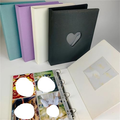 Padfolio Ring Binders(A4 PU Leather Heart-Shaped Binder with Sparkling Star Cover Big Photo Album 10 Sleeves 4 Indexes 2 Partitions Photocard Holder(White Binder)