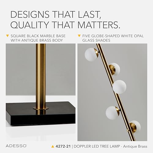 Adesso Antique Brass LED Floor Lamp with White Opal Shades - Modern Multi-Light Tree Lamp for Bedroom, Living Room, or Home Office, 3W Bulbs Included, 65” Tall