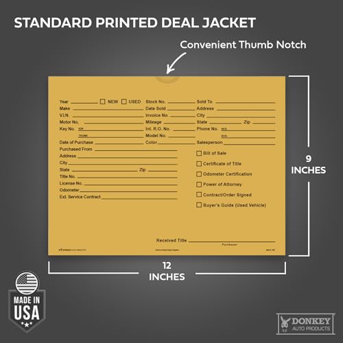 Printed Vehicle Deal Envelopes 9x12 Deal Jackets (100 shrink wrapped) (Buff)
