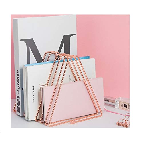 Files Folder Stand Desktop File Organizer,Triangle Copper Wire Book Shelf Magazine Rack, File Sorter Eye-catching Decoration for Indoor Office Home, Photography Props, Fashion (Rose Gold)