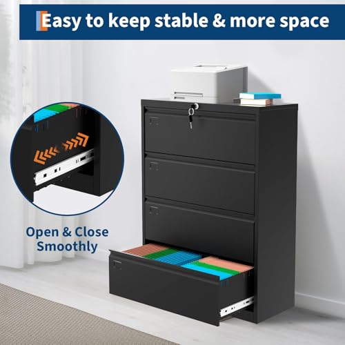 FinerFurnis Heavy Duty 4-Drawer Lateral File Cabinet with Lock, 52" Height Metal Office Filing Storage Organizer, Fits Letter, Legal, A4, F4 Documents, Lockable, Easy Assembly, Black