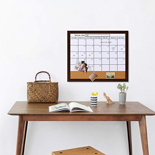 uhyOHF Whiteboard Dry Erase Calendar Cork Combination Board Monthly Planner Message Memo Brown Wooden Frame 21 X 18 Inches(