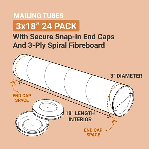 BOX USA Cardboard Tubes with Caps, 18"L x 3"W x 3"H, Pack of 24 | Poster Tube for Mailing and Storage of Blueprints, Artwork, Crafts, Long Art Holder, 18 inches