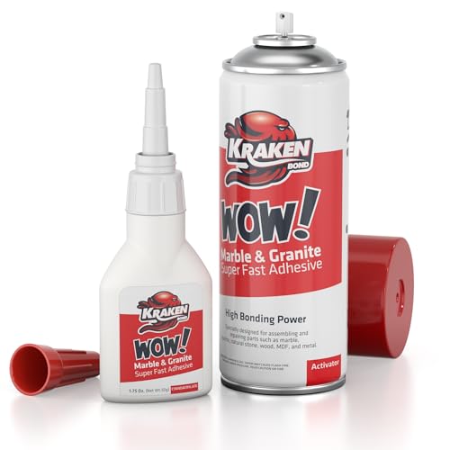Kraken Bond Wow Marble & Granite CA Glue With Activator - (12x6.75 fl.oz) Activator, (12x1.75 oz) for Stone, Ceramic and Metal, Strong Super Glue With Accelerator, 12 Pack