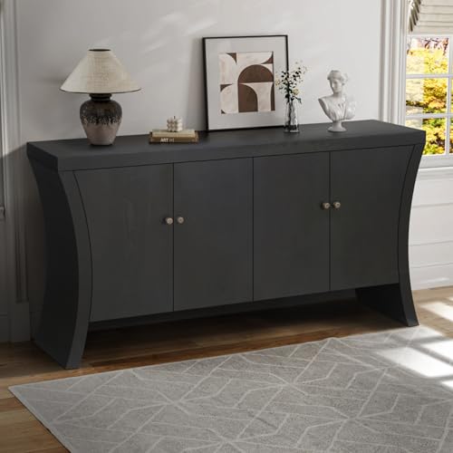 WEALTHKING Industrial Style 4-Door Wooden Credenza with Arc Base & Vintage Clasps - Versatile Storage Cabinet for Living Room, Entryway Console or Home Office Furniture (Black,A)
