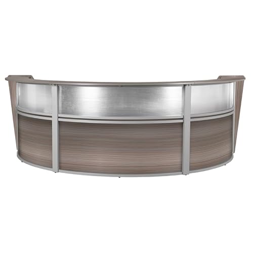 Romig Marque Plexi Triple-Unit Reception Curved Desk Workstation “143.50W x 71D” - Driftwood Grey