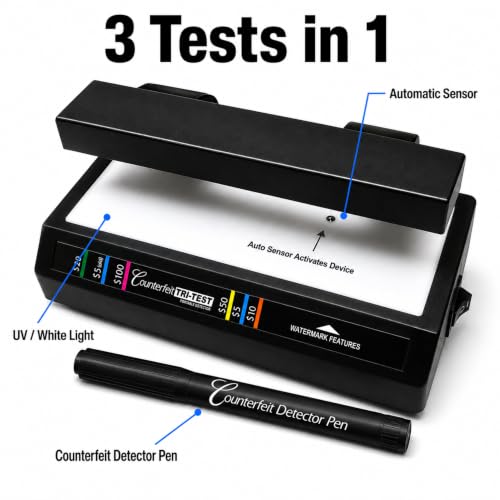 Dri Mark Tri Test 2.0 Counterfeit Bill Detector Machine w/AC Adapter - 2 Pack - 3 Tests in 1 - Paper, Security Strip and Watermark Tests, Accurate Money Tester Machine with Counterfeit Detection Pen
