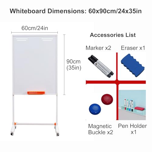 TRUNXUCL Rolling Whiteboard Magnetic, Dry Erase Board with Stand, Standing White Board on Wheels, Height Adjustable(Gray,60x90cm/24x35in)