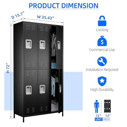Aobabo 6 Doors Metal Storage Locker for Employees, Steel Locker with 18 Hooks for School Office Gym Bedroom, Black, Assembly Required