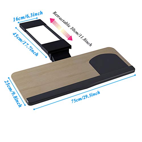 ACXZ Ergonomic Adjustable Keyboard Tray, 360°Swivel/Tilt Angle Keyboard and Mouse Drawer Platform, with Wrist Pad, Desk Extension, Walnut Color (52×25cm, 65×25cm, 75×25cm)