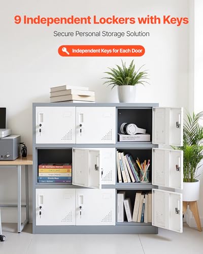 VEVOR 9 Doors Metal Locker for Employees, Steel Locking Storage Cabinet with Card Slot and Ventilation, 2 Keys for Each Door, Employee Lockers for Office, School, Gym, Home, Easy Assembly, Gray