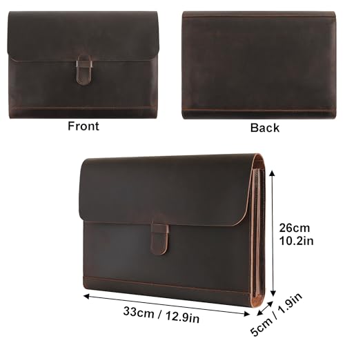 Genuine Leather File Folder, Accordian File Organizer, Leather Document Holder Resume Folio for Men & Women - Dark Brown
