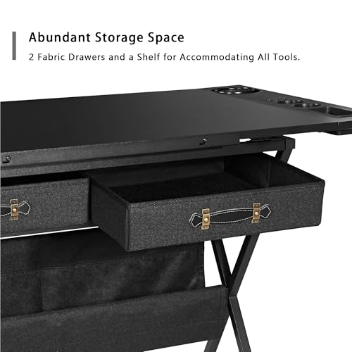 VECELO Drafting Table Art Desk Art Table Adjustable Drawing Table Tilted Tabletop with 2 Storage Drawers and Stool, Drawing Desk for Artist Painters Drawing, Crafting, Reading, Writing, Black