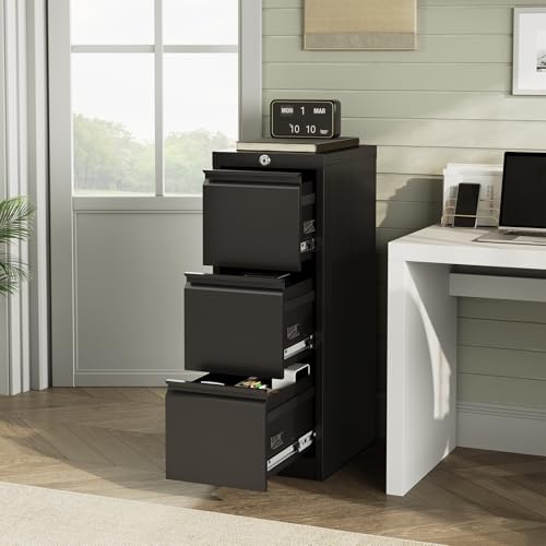 FinerFurnis 3-Drawer Metal Filing Cabinet with Lock, Vertical Heavy Duty Steel File Organizer for Home Office, Secure Storage for Letter, Legal, A4, F4 Documents – Professional Office Furniture, Black