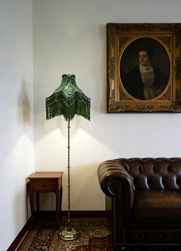Sofyee Victorian Floor Lamp with Beaded Fringe, Green Fabric Shade, Brass Base, Ornate Vintage Style