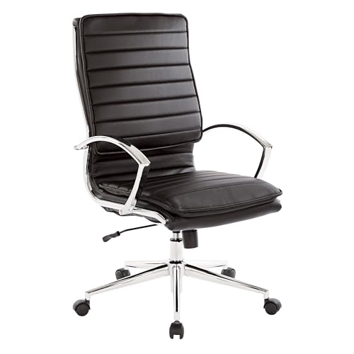 Office Star SPX Professional Ergonomic Ribbed Faux Leather Office Chair with Chrome Base, High Back Manager's Chair with Loop Arms, Black