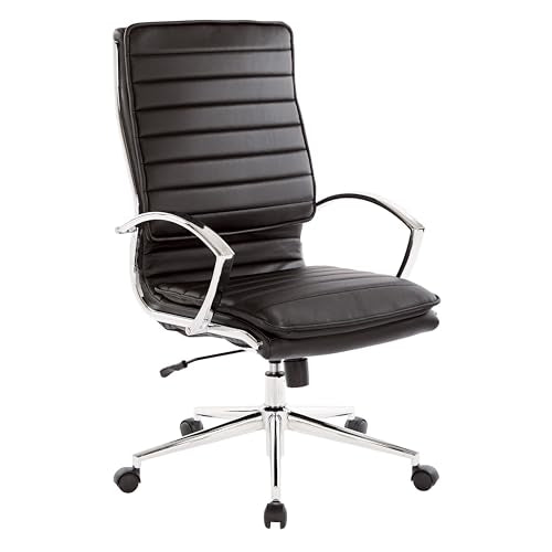 Office Star SPX Professional Ergonomic Ribbed Faux Leather Office Chair with Chrome Base, High Back Manager's Chair with Loop Arms, Black