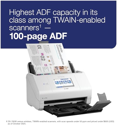 Epson DS-785W Color Duplex Desktop Document Scanner, up to 45 ppm, Wireless/USB Connectivity, ScanWay PC-Free Scanning, 4.3" LCD Touchscreen, 100-Page Auto Document Feeder (ADF), Twain/ISIS Drivers