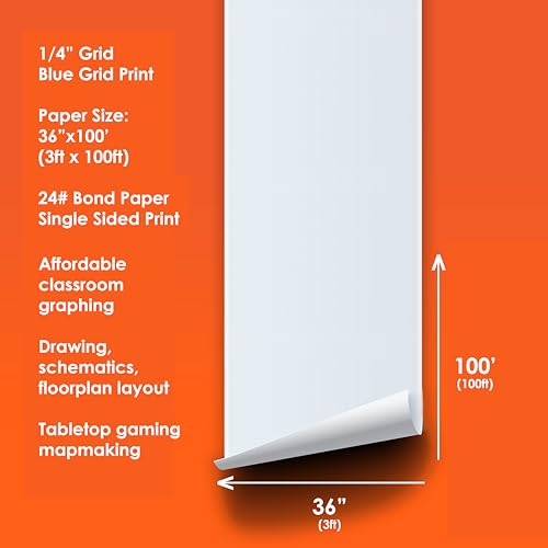 Geyer Instructional 1/4 Inch Graph Paper Roll – 36” x 100’ Blue Grid, Large Format Blueprint Paper, 24 lb Bond for Classroom, STEM, Math & Design Projects