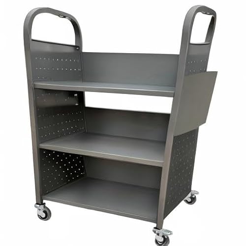 Workington Rolling Book Truck Book Cart with 3 Flat Shelves, Library Book Cart with Swivel Lockable Casters 3001 Gray