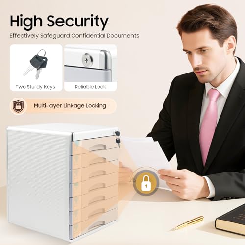 Unnsiapit Desk Organizer with 7 Drawers, Metal Desktop Storage Cabinet File Holder with Locks and Keys, Filing Case Literature Organizer for Office Home, L11.8*D14*H16in, Silver & Grey