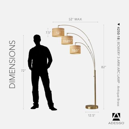 Adesso 3-Light Floor Lamp, Antique Brass & Natural, 4-Way, 82”