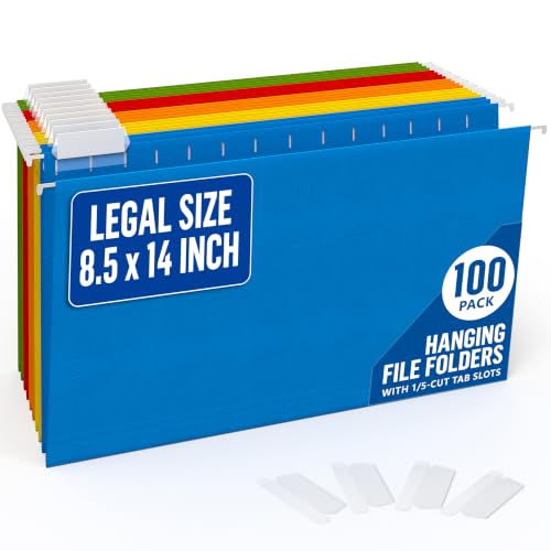 100 Pack Hanging File Folders Legal Size 8.5x14 - Colored Hanging Folders for Filing Cabinet with 1/5-Cut Adjustable Tabs Files for Filing Cabinet Organizer File Hangers for File Cabinets with Hooks