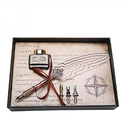 Retro Classical Feather Dip Pen Fountain Ink Bottle with 3 Nibs Stationery Gift Box for School Birthday Calligraphy (Color : A) (C)