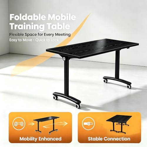 Modern Conference Table, Folding Conference Table with Wheels, Flip Top Mobile Meeting Table, Modular Seminar Training Room Table for Classroom,Seminar,Training Room,Black,47IN,2