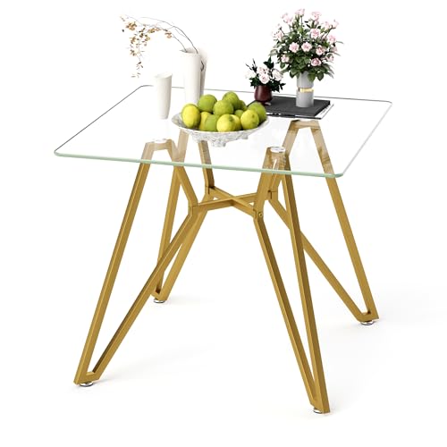 Modern Square Tempered Glass Dining Table, Clear Small Reception Table with Gold Metal Legs for Dining Room Living Room Office (35.4" Square Table)