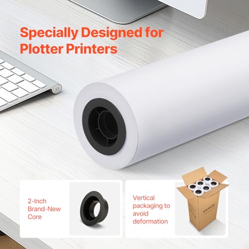 VEVOR Wide Format Paper, 24 in x 150 ft Plotter Media, 6 Rolls CAD Bond Rolls with 2 in Core, 20 LB Bond Rolls, Ideal for CAD Drawings, Engineering Plans, GIS Maps & Architectural Designs