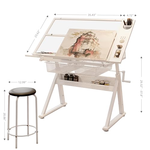 Caforkp White Hand Crank Adjustable Tempered Glass Drafting Table with Chair and Storage, Metal-Glass Frame, for Study Bedroom Living Room
