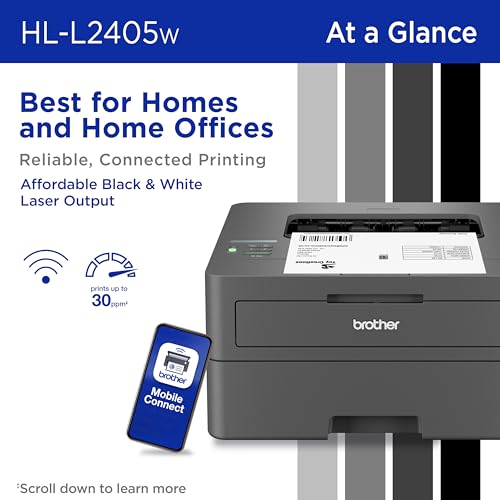Brother HL-L2405W Wireless Compact Monochrome Laser Printer with Mobile Printing, Black & White Output | Includes Refresh Subscription Trial(1), Works with Alexa