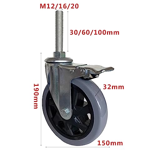 MXXADHPL M20 Threaded Stem Caster Wheels, Set of 4-150mm Industrial Locking Swivel Casters for Commercial Kitchen Prep Tables, TPR Furniture Caster Wheels - Durable & Heavy-Duty