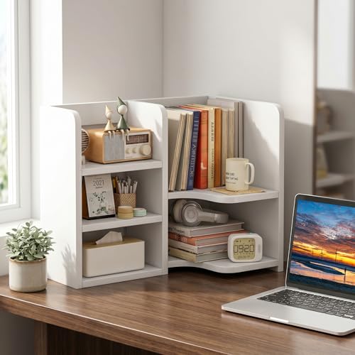 KUHEITAER Desk Shelf,Small Bookshelf,Wooden Desk Hutch Desk Organizers,White Desktop Bookshelf and Accessories Storage Display Rack in Home Office Dorm,Freestanding Desk Shelf