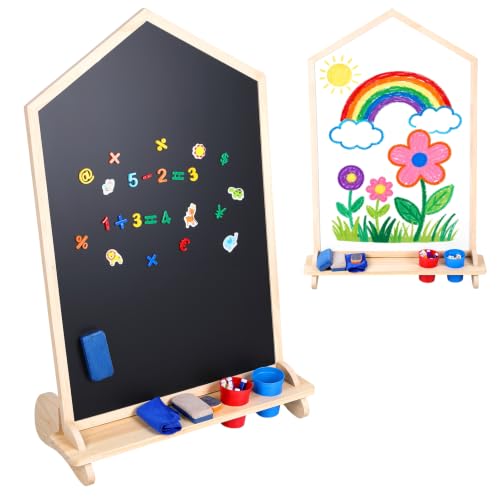 ilkqeppe Drawing Board, House-Shaped Double-Sided Magnetic Whiteboard Chalkboard, Art Easel Doodle Board Wooden