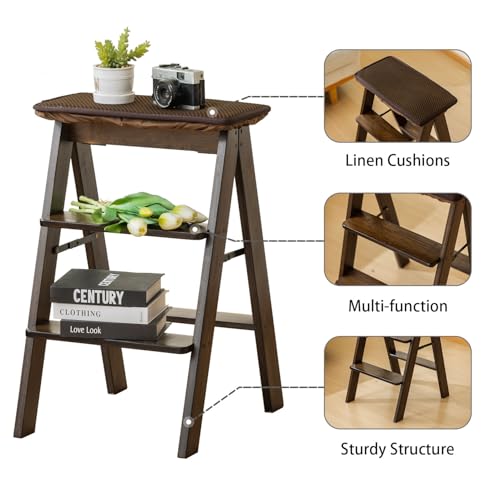 Latifolia Foldable 3 Step Ladder, Bamboo Step Stool with Floor Saver, Decorative Ladder Shelf for Living Room, Kitchen, Garden(Dark Walnut)