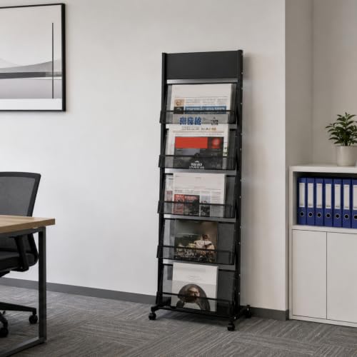 5 Tiers Freestanding Magazine Rack Iron Brochure Display Stand on Wheels