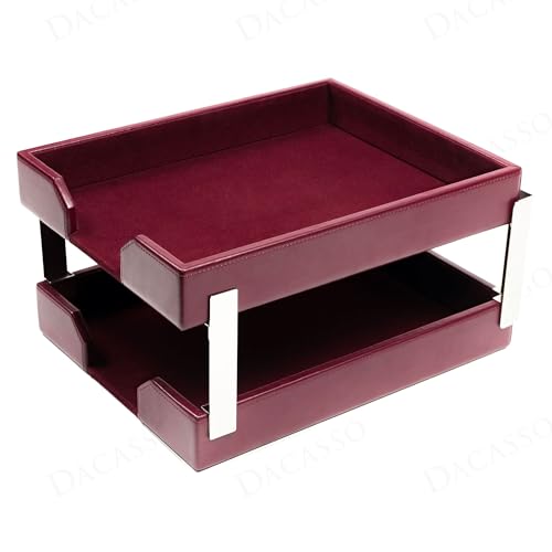 Dacasso Burgundy Bonded Leather Front-Load Double Letter Tray Set w/Silver Stacking Posts - Luxury Executive Décor and Office Essential - Desk Surface Protector