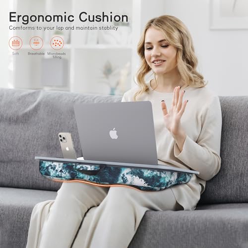Lap Desk for Laptop with Cushion, Laptop Lap Desk, Cushion Detachable and Washable, fits up to 17 inch, with Tablet Slot and Stopper, MillHome (Blue)
