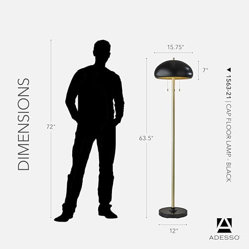 Adesso Floor Lamp with Black and Antique Brass Finishes – Bedroom, Home Office Lighting or Living Room Decor, 63.5” Tall