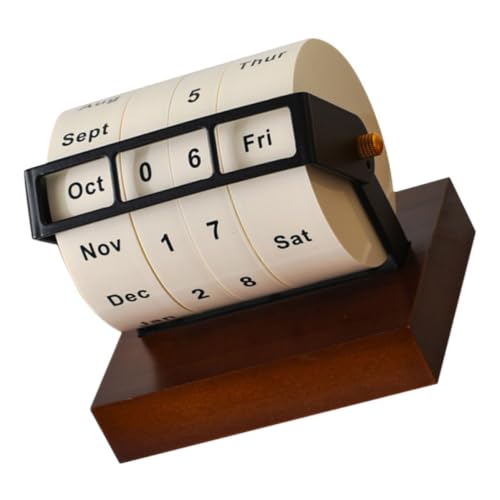 Rotary Perpetual Calendar Desk Decor with Wooden and Metal Stand,Space-Saving Tabletop Date Display for Home Office and Study