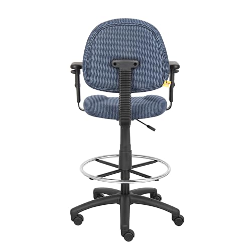 Benzara Jea Drafting Stool Chair, Adjustable Arms, Blue Tweed, Round Footring