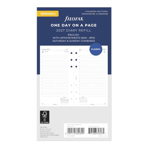 Filofax Calendar Diary Refill, Personal/Compact Size, Day on One Page with Appointments, Ruled, White Paper, English, 2027 (C68441-27)