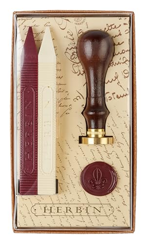 Herbin 46001T - Lys set including 2 wax sticks (red and ivory), wooden handle and a fleur de Lys seal