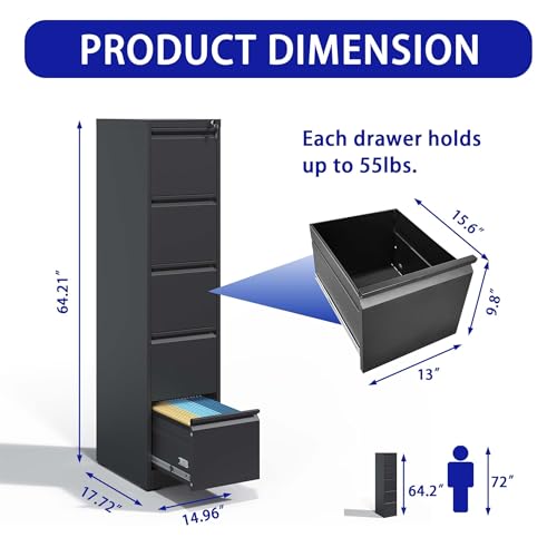 LOONGYOON 5 Drawer Vertical Metal File Cabinet with Lock Steel Versatile Filing Organization Storage Cabinets for A4 Legal/Letter Size Home Office Assembly Required Anti-Tilting Waterproof Black