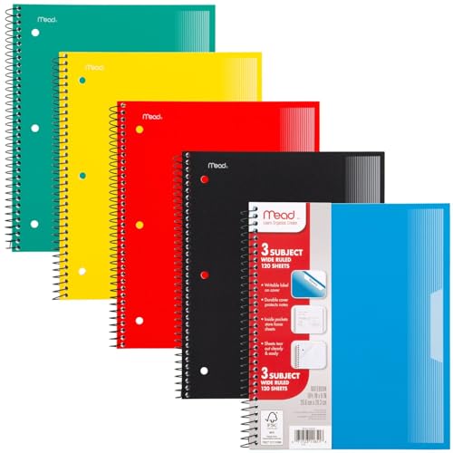 Mead Spiral Notebook, 5 Pack, 3 Subject, Wide Ruled Paper, Plastic Cover, 8" x 10-1/2", 120 Sheets per Notebook, Black, Red, Blue, Green and Yellow (930100A-ECM)