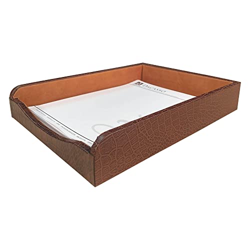 DACASSO Crocodile Embossed Leather Letter Tray - Luxury Letter Holder & Paper Organizer for Desk - Office Organization & Executive Desk Decor - (Brown)